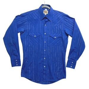 ELY CATTLEMAN Western Shirt Mens S Royal Blue Long Sleeve Metallic Pearl Snap
